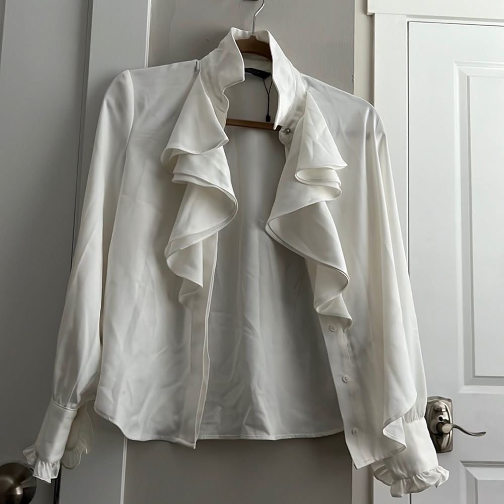 Zara White Ruffle Front Long Sleeve Blouse